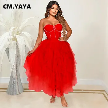 CM. YAYA, ženske sitnice večernje haljine maxi na 2022 godine, dijamanti, vruće dijamanata, bez naramenica, velika ljuljačka, mesh, kaskadno volanima, duga haljina