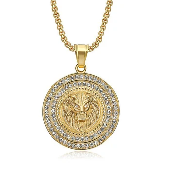 Hip-hop Ledeni Out, privjesak u obliku lavljeg glave, muško okruglo ogrlica u obliku životinja od nehrđajućeg čelika zlatnožute boje za muškarce, nakit, izravna dostava