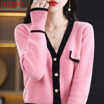 LHZSYY 2023 Ženska jakna, kardigan od 100% čiste vune, pogodan u boji moderan kaput velike veličine, džemper kratkom žica, slobodna кашемировая bluza