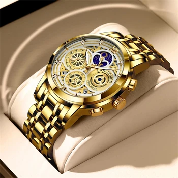 Modni gospodo zlatni sat od nehrđajućeg čelika, luksuzni ručni kvarcni sat sa хронографом, gospodo poslovne svakodnevne sat Moon, Relogio Masculino