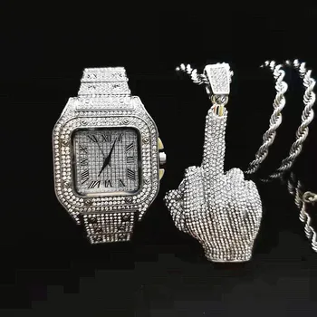 Muški sat-ogrlica s ledom, luksuzni zlatni kvadrat sat sa dijamantima, gospodo dekoracije u stilu hip-hop, ovjes na njegov srednji prst, lanac Relogio
