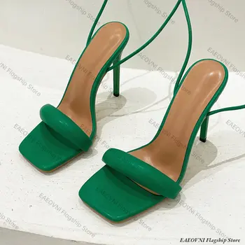 Novost 2023 godine; Voditelj prodaje; Zelene Ženske Sandale na visoku petu s remenom na щиколотке i Trga vrhom; Ženske Cipele za Stranke; Sandalias De Mujer ženske cipele