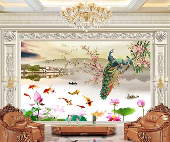 Pojedinačna 3D pozadine bilo koje veličine, zidno slikarstvo, paun, lotos, devet ribe, пейзажная slikarstvo, kineski stil, pozadinske zidno slikarstvo, papel