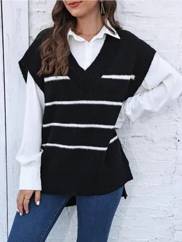 Prugasti džemper, prsluk za žene, jesensko-zimski debeli moderan prsluk bez rukava sa v-izrez, berba slobodan pletene majice kontrastne boje