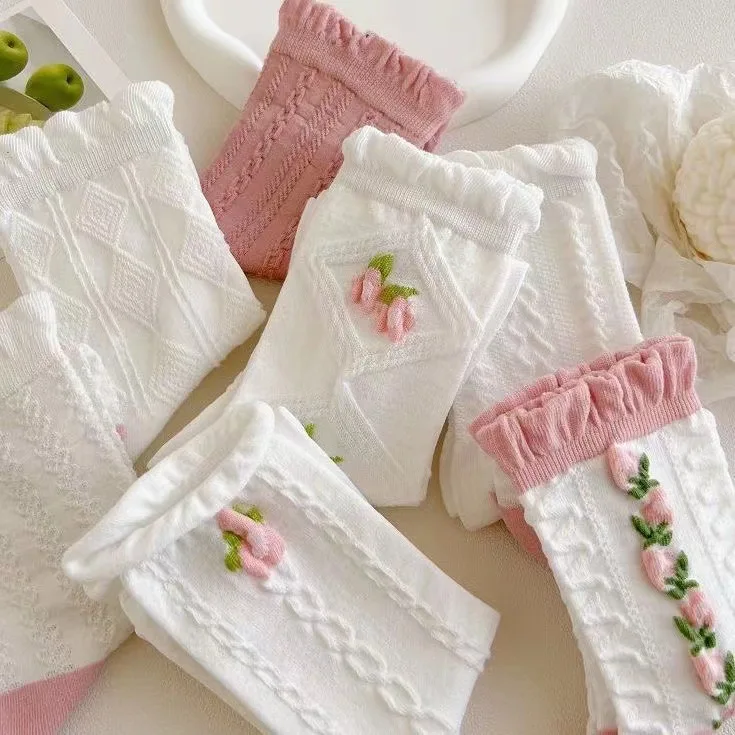 5 Parova Lot, japanski slatka čarape s bijelim prahom u stilu харадзюку u stilu Лолиты, čarape-cijevi s trešnje boje za djevojke, držači čarapa za studente