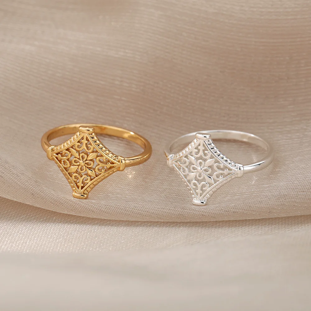 Berba ромбические prsten s šuplje cvijet za žene od nehrđajućeg čelika, geometrijski nepravilnih oblika prsten na prst, vjenčanje nakit pribor