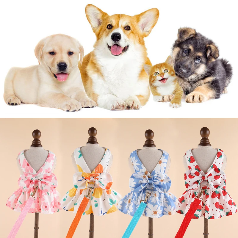 Haljina za pse s lukom i cvjetni uzorak, haljina princeze s prstenom-uzici, odjeća za kućne ljubimce za male pse, tanka ljetna slatka suknja za chihuahua štenci za