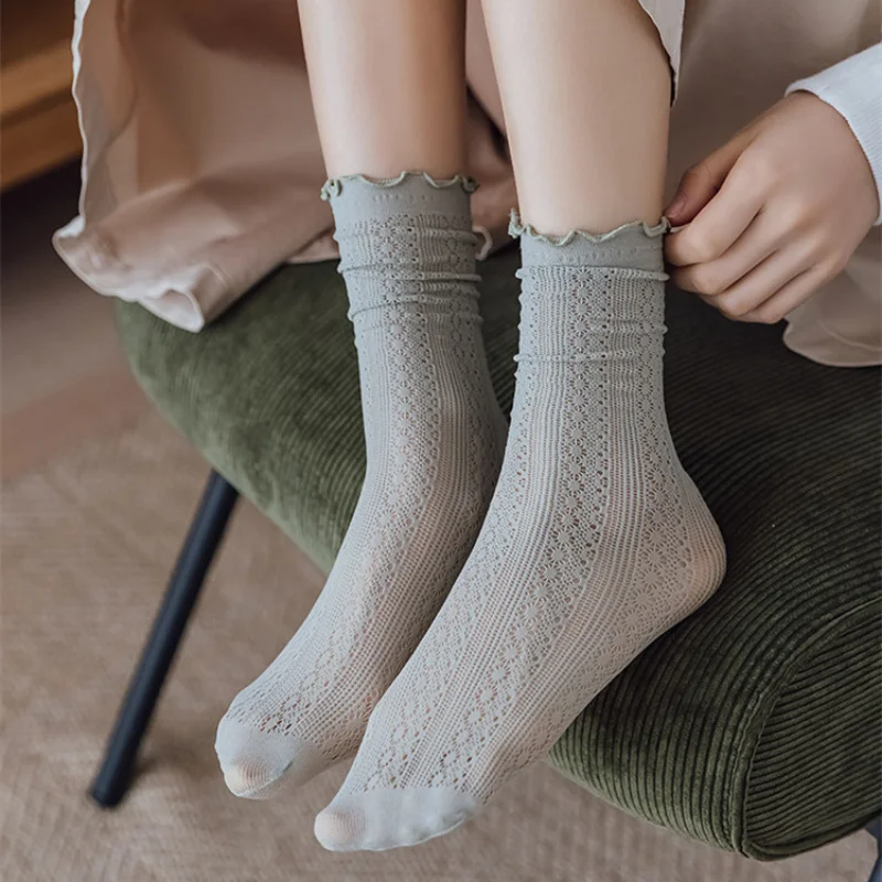 Korejski trendy ženske čarape, ljetni fine mrežaste prozračna slobodan duge čarape, čvrste čarape JK Lolita za djevojčice, slatka čarape s ruffles