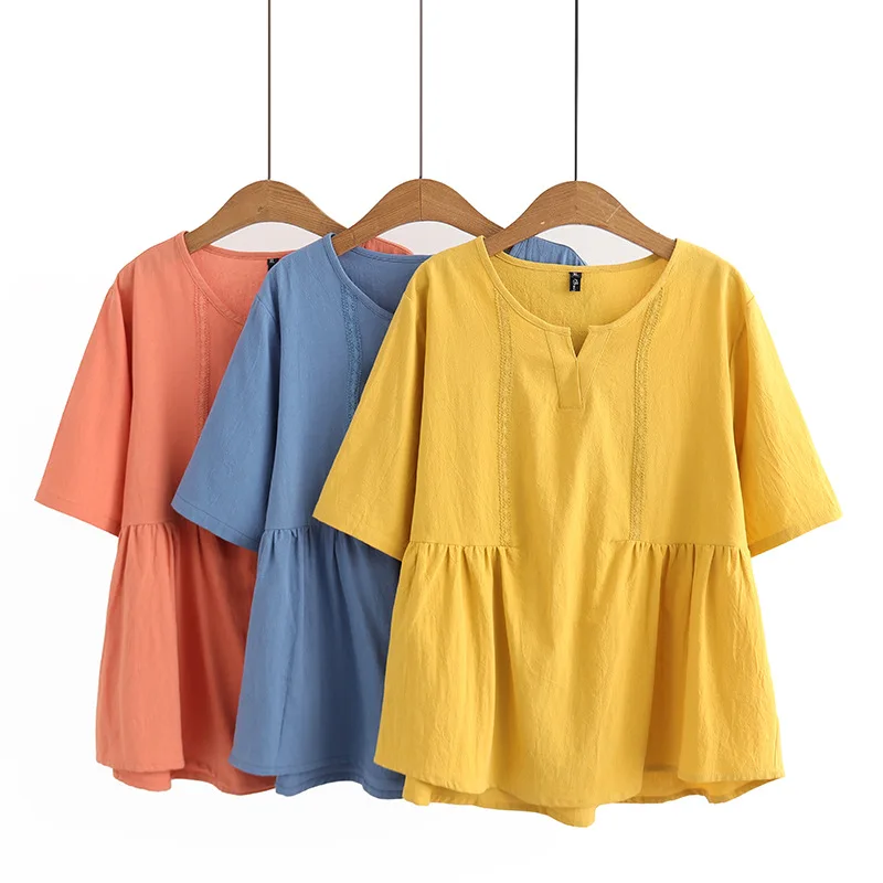 Plus size Ženske bluze 2023 Ljetnim čipke, pamučne majice kratkih rukava, slobodan tees, негабаритная krivulja odjeća K7-407