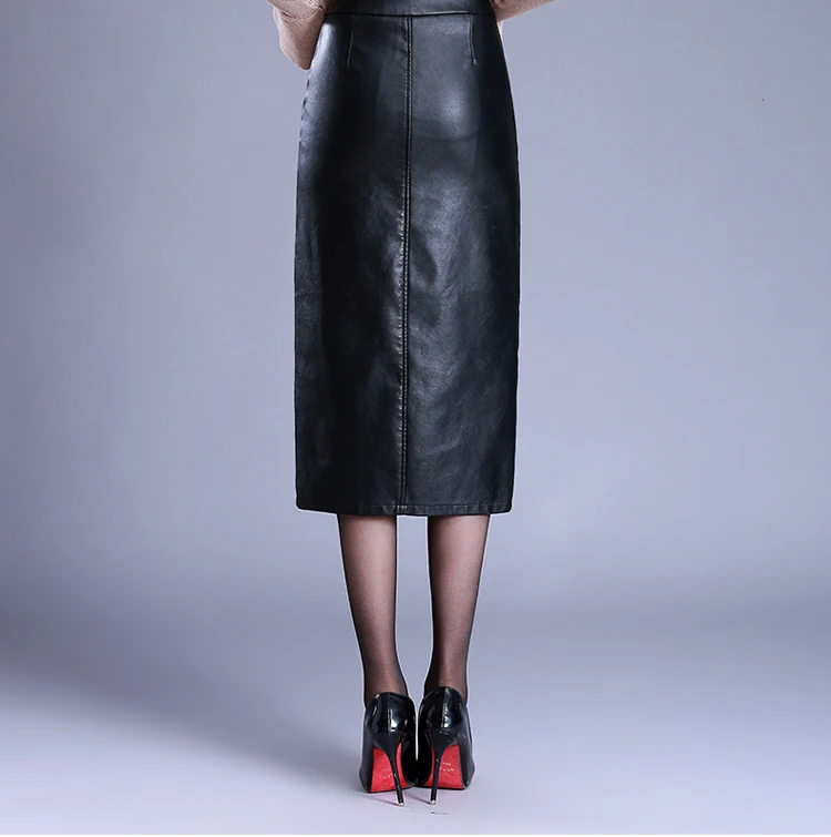 Ženska suknja-olovka od umjetne kože, crna jesensko-zimska suknja-torbica, suknja-torbica s visokim strukom, seksi suknja-torbica s prorezom, Saia