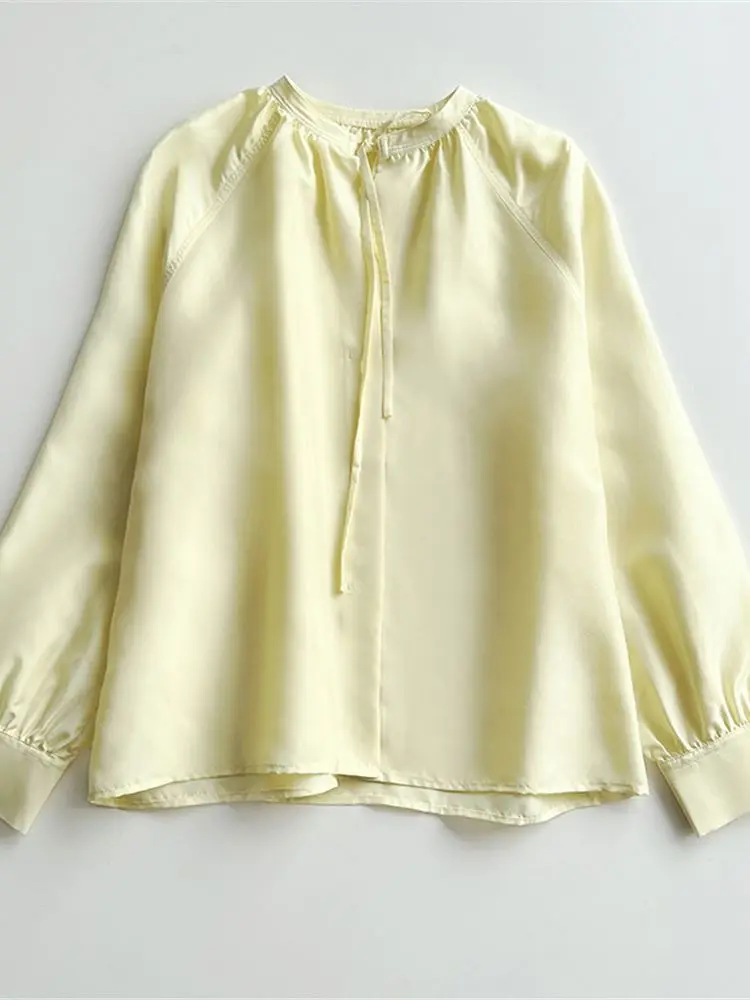 Ženska žuta slobodna bluza čipka-up, jednostavan vrh, ljetne nove ženske svakodnevne majica okruglog izreza i dugim rukavima i zatvorenih buttons