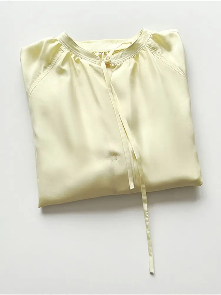 Ženska žuta slobodna bluza čipka-up, jednostavan vrh, ljetne nove ženske svakodnevne majica okruglog izreza i dugim rukavima i zatvorenih buttons