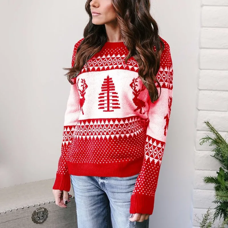 Ženski džemper оверсайз 2023, jesensko-zimske pletene božićni pulover dugih rukava za žene, božićni dres sa jelen, topli pulover