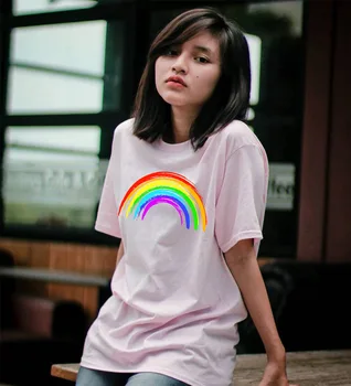 Ženska ljetna majica Rainbow, bijela košulja s винтажным po cijeloj površini veličine plus, ženska эстетичная majica Rainbow, svakodnevni bluzu kratkih rukava