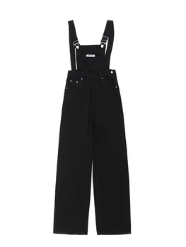 Ženske crne ravne traperice tregeri, kombinezon, proljeće-ljeto, jednostavan ulični stil, hlače s visokim strukom, kombinezon sa širokim штанинами