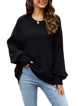 Ženski casual džemper, zimski dugi rukav, okrugli izrez, običan pletene majice slobodnog rezanja
